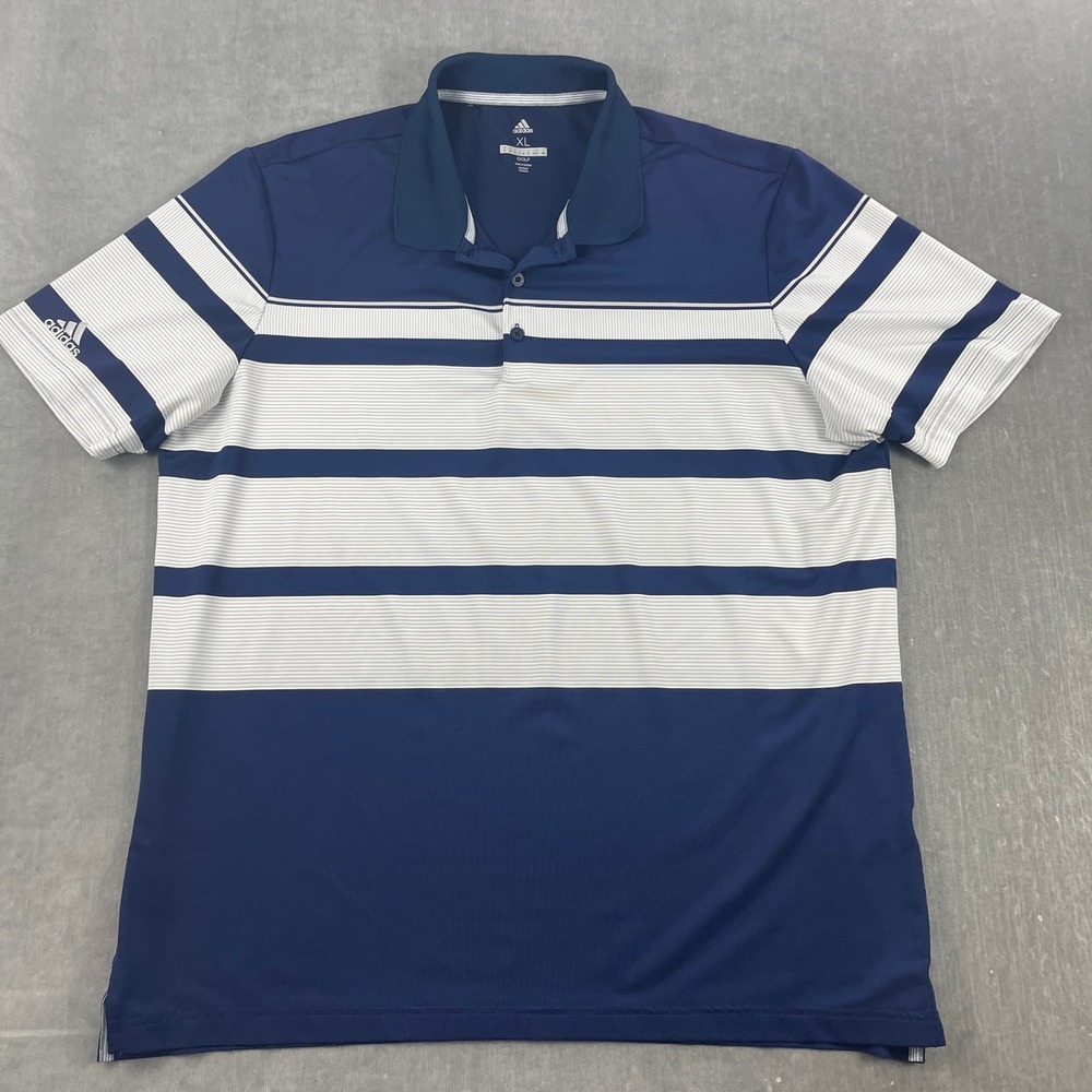 Adidas Mens XL Navy‎ Blue Striped Golf Polo Shirt Performance Short Sleeve